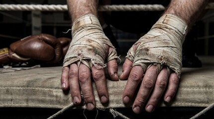 Boxer Hands Wrapped in Dirty Tape Resting on Ring Canvas Close Up