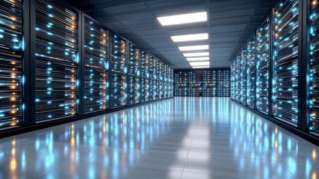Secure data center aisle with glowing server racks and security lighting protecting network data