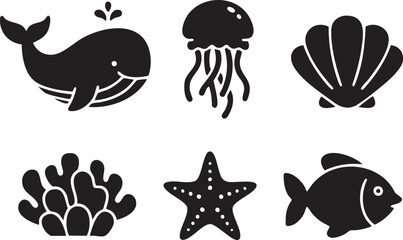 Black silhouette of whale jellyfish seashell coral starfish and fish © Nur