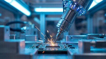 Industrial Robotic Arm Welding Microchip on Circuit Board with Sparks