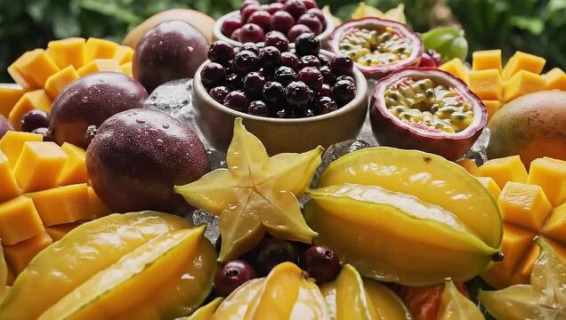 Exotic tropical fruit platter with star fruit, mango, passion fruit, and berries on ice