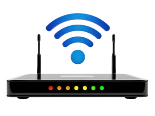 A wireless router with signal strength indicators displayed on its front panel