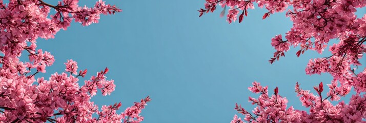 Pink cherry blossom branches against clear blue sky  
