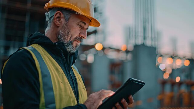Construction worker in hard hat and vest using tablet at building site