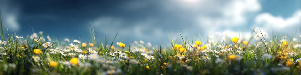 Colorful wildflowers blooming in a sunny meadow under blue sky  