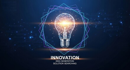 A light bulb with a glowing filament inside, surrounded by geometric shapes and a digital circuit background.