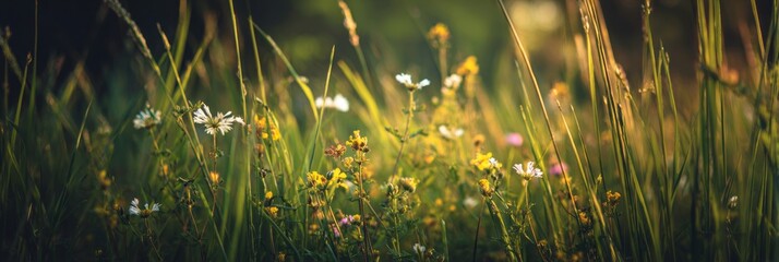 Wildflowers blooming in green grass under warm sunlight  