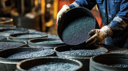 Medium shot of a worker handling selfsealing tire liners with granules embedded for enhanced puncture resistance on retreaded tires