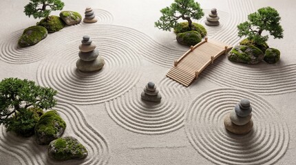 Japanese Zen Garden with Raked Sand Ripples and Bonsai Trees Top View