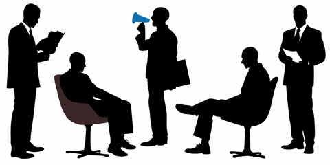 Business silhouettes a man speaking into a megaphone addressing his colleagues