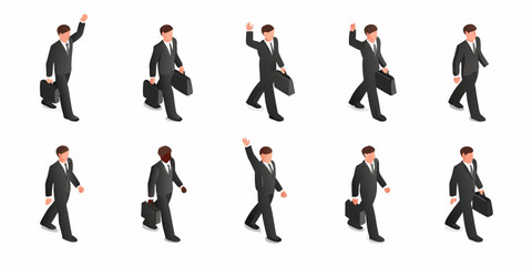 Fototapeta premium Isometric businessmen walking in various poses with briefcases isolated on white