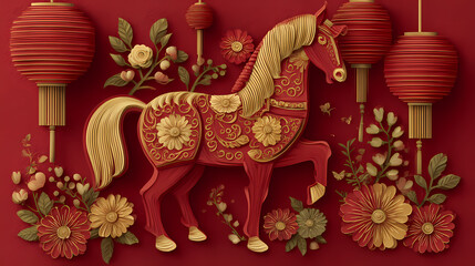 Fototapeta premium Horse Zodiac Paper Art: Red and gold stylized horse with lanterns and flowers, traditional Chinese paper-cut design, colorful background, 8K resolution.