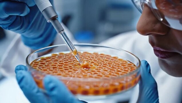 Female scientist in laboratory pipetting samples onto agar plate for microbiology or cell culture research