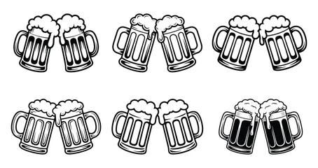 Beer Glass or mug cheers Icon Line Art and Silhouette Set, Overflowing beer mugs, Foam at the top, Beer mugs clinking together in a toast, graphic element for party, celebration, beverages © magic390