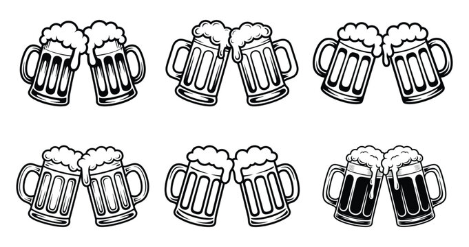 Beer Glass or mug cheers Icon Line Art and Silhouette Set, Overflowing beer mugs, Foam at the top, Beer mugs clinking together in a toast, graphic element for party, celebration, beverages