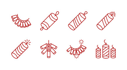 Traditional Firecracker and Firework Line Icons Set Vector Illustration for Chinese New Year and Festive Celebration Events