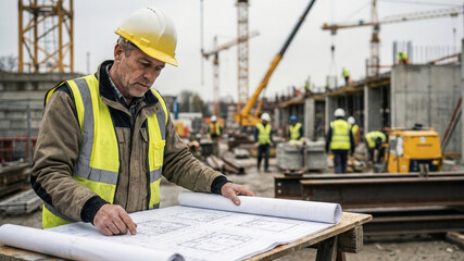 Construction worker engineer architect blueprint safety helmet safety vest construction site building industrial worker focusing architectural blueprint active construction site wearing safety
