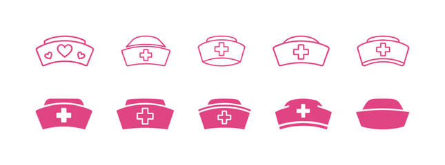 Nurse hat and medical cap icons set. Vector pink line art and solid icons of healthcare headwear for nursing and hospital staff.