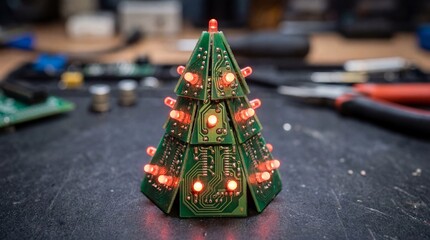 Electronic Christmas Tree Made of Green Circuit Boards with Glowing Red LEDs
