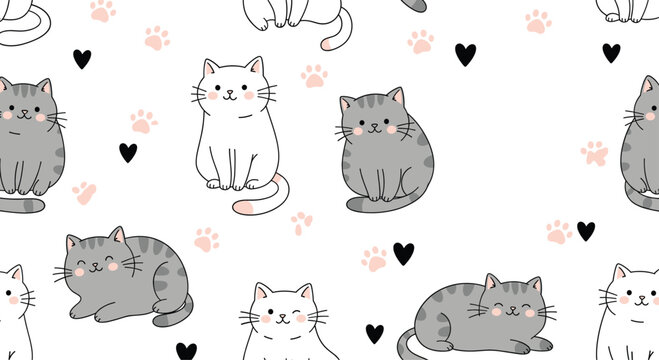 Seamless cute cat pattern vector illustration with kawaii kittens, paw prints and hearts on white background