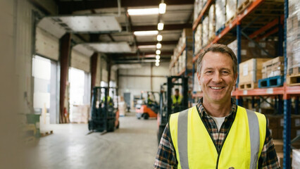 Warehouse worker safety vest forklift logistics storage industrial distribution man smiling inventory pallet indoors occupation job uniform hard hat supply transport shipping freight factory