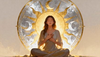 A woman with long hair sits cross-legged, eyes closed, hands gently resting on chest in a peaceful pose against a glowing sun and moon circular backdrop in serene lighting