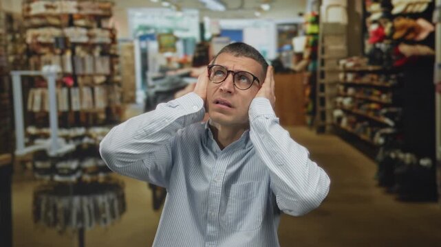 Man in glasses looking stressed with hands on head inside busy market shop filled with merchandise.