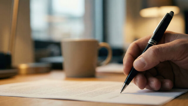 Hand pen writing paper document desk office work signature contract closeup business cup coffee table workplace indoors note letter agreement job professional task focus detail planning