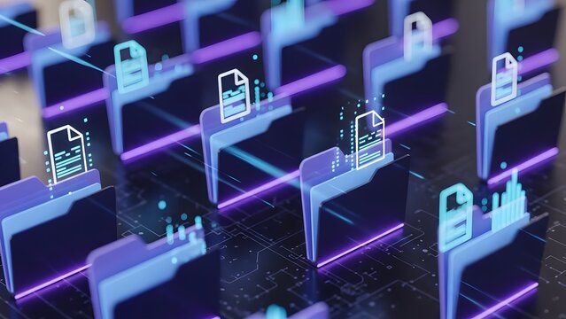 Digital document folders showing data flow and cloud storage on a circuit board background for concept of secure information transfer. - Powered by Adobe