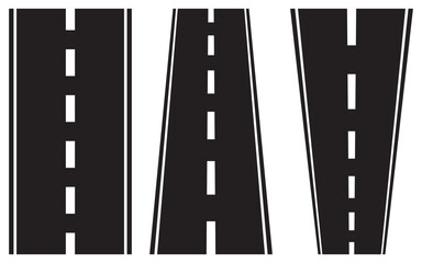 Winding and curved road silhouettes set with top view perspective and lane markings.