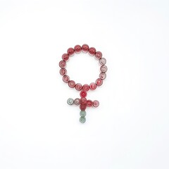 Obraz premium Red beaded rosary bracelet with cross, Catholic prayer beads, religious jewelry, faith symbol, spirituality accessory