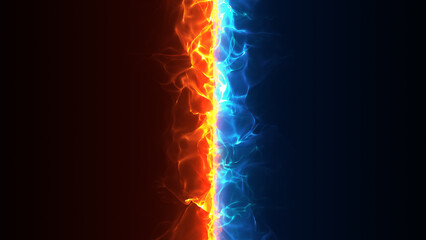 青とオレンジの炎がぶつかり合う、炎の縦の線の枠のエフェクトのイラスト