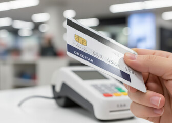 Credit card contactless payment terminal shopping retail cashless transaction finance consumer Hand holding credit card near contactless payment terminal bright retail store, modern cashless