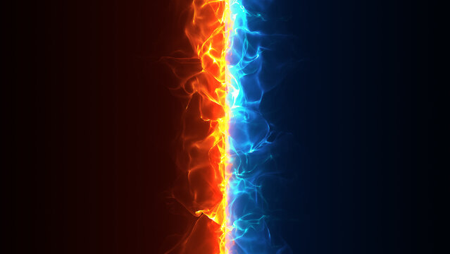 青とオレンジの炎がぶつかり合う、炎の縦の線の枠のエフェクトのイラスト