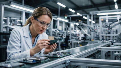 Female engineer factory robotics automation technology circuit board safety glasses assembly line industrial manufacturing Focused female engineer modern factory with robotics and automation