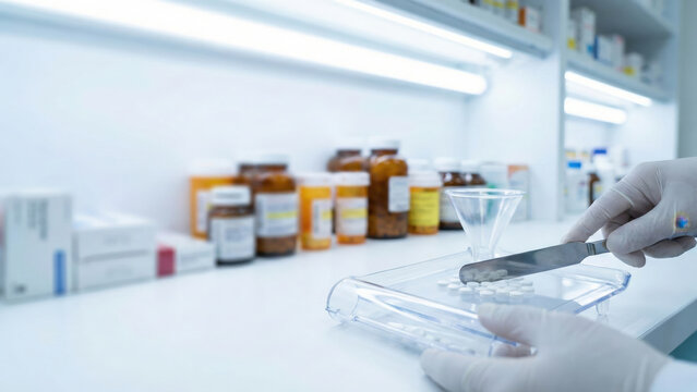 Clinical pharmacist pharmacy prescription medicine pill tablet lab glove sterile drugstore healthcare dosage measurement medical white counter hospital laboratory research safety hygienic