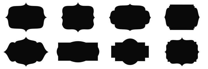 Set of vintage black labels and ornate frames. Decorative badge shapes for product packaging, branding,
 and logo design. Vector blank stickers, price tags, and quality marks isolated on white backgro