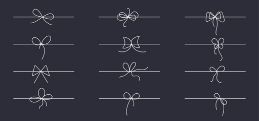 Vector set of decorative bows collection, ribbon knot icons, gift wrap elements, festive bow illustrations, celebration decor, hand drawn sketch style, black silhouette isolated design.