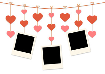 blank instant photo frames on clothespin with heart designs