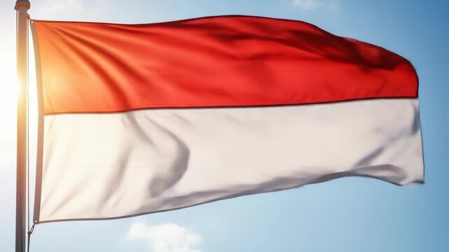 Indonesian national flag waving gracefully against a bright blue sky.
