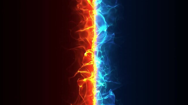 青とオレンジの炎がぶつかり合う、炎の縦の線の枠のエフェクトの動画