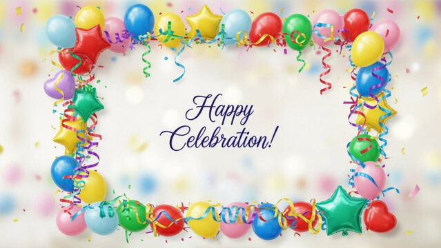 Colorful balloons and streamers frame a festive happy celebration message for birthday or party decoration