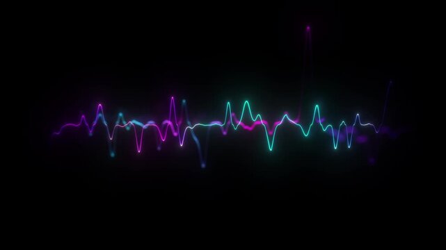 Colorful neon waveform line with blue cyan and magenta glowing pulses on deep black background. Minimal futuristic digital style audio signal visualization loops and modern data looped 