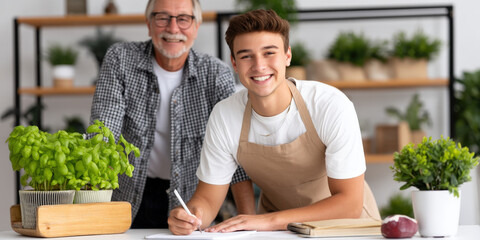 Mentor young man plant greenhouse teamwork training learning guidance smile Older mentor guiding young man apron writing notes near fresh plant bright greenhouse workspace, teamwork learning