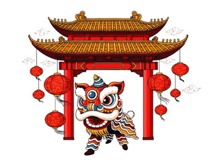 Chinese Gate and Lion Dance Illustration for Traditional Lunar New Year Festival Design