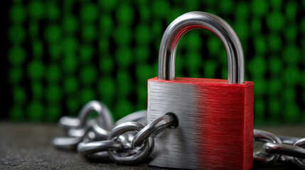 Cyber security data protection metal padlock security chain digital background red silver lock online privacy cyber defense secure data encryption concept Cyber security metal padlock chain with