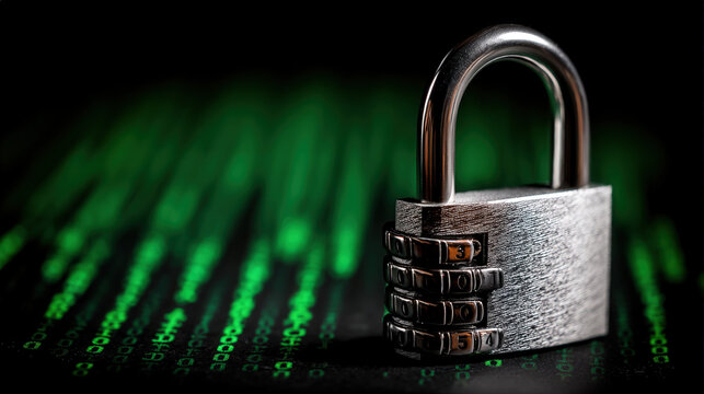 Combination lock metal padlock cyber security data protection digital safety online privacy encryption hacking password code security concept metal technology internet safety privacy protection - Powered by Adobe