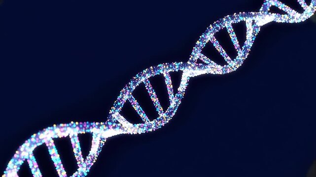 Abstract glowing dna helix structure made of colorful particles on a dark blue background, science and genetics concept