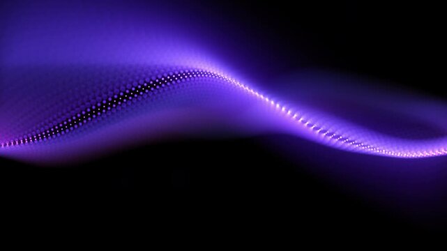 Glowing abstract animation with flowing purple waves and digital particles Out of focus. space-themed visuals. Blue purple pink big data wave of particles loop. Futuristic neon blured surface.