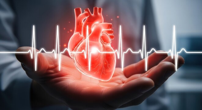 A medical illustration of a human heart with a heartbeat graphic in the background.